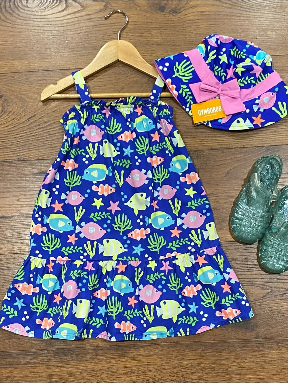 Gymboree Girls ‘Splish Splash’ Blue Fish Dress with Matching Sun Hat Size 5T